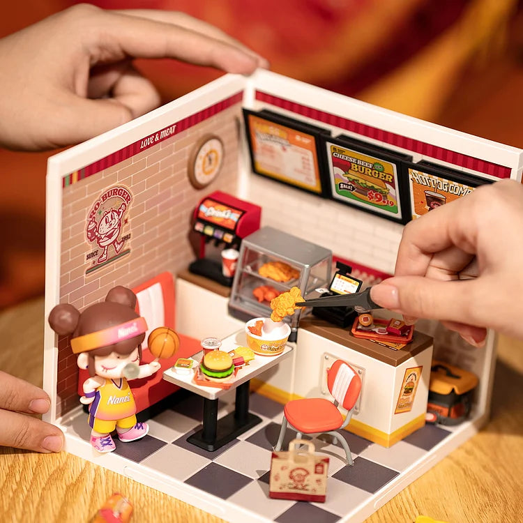 Rolife Yum Yum Burgers DIY Plastic Miniature House Kit - Creative Mini Burger Shop Model for Home Decor, Gift & Collectibles | Perfect for Craft Lovers, Miniature Enthusiasts & Room Decoration