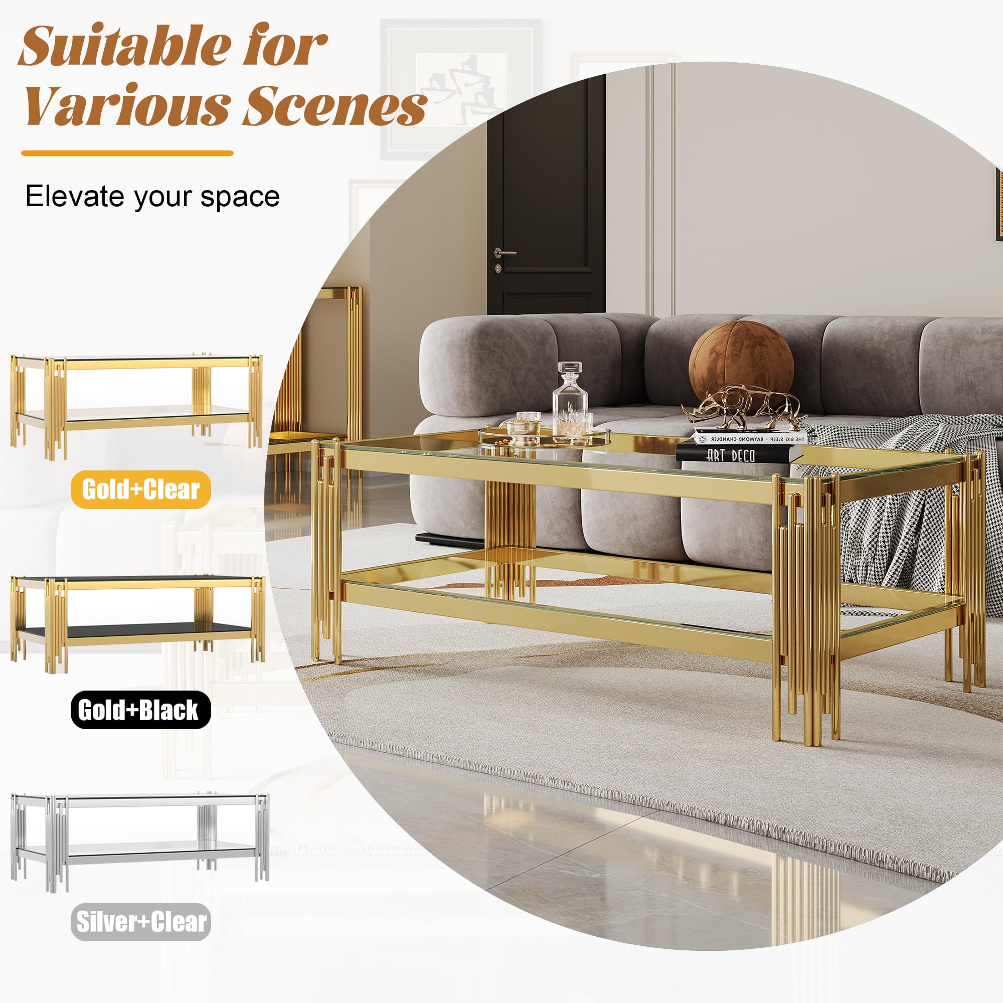 Premium 3-Piece Glass Coffee Table Set - Gold Living Room Table with 2-Tier Design, Stainless Steel Legs & Tempered Glass - Perfect for Modern Living Rooms, Apartments & Lounge Areas