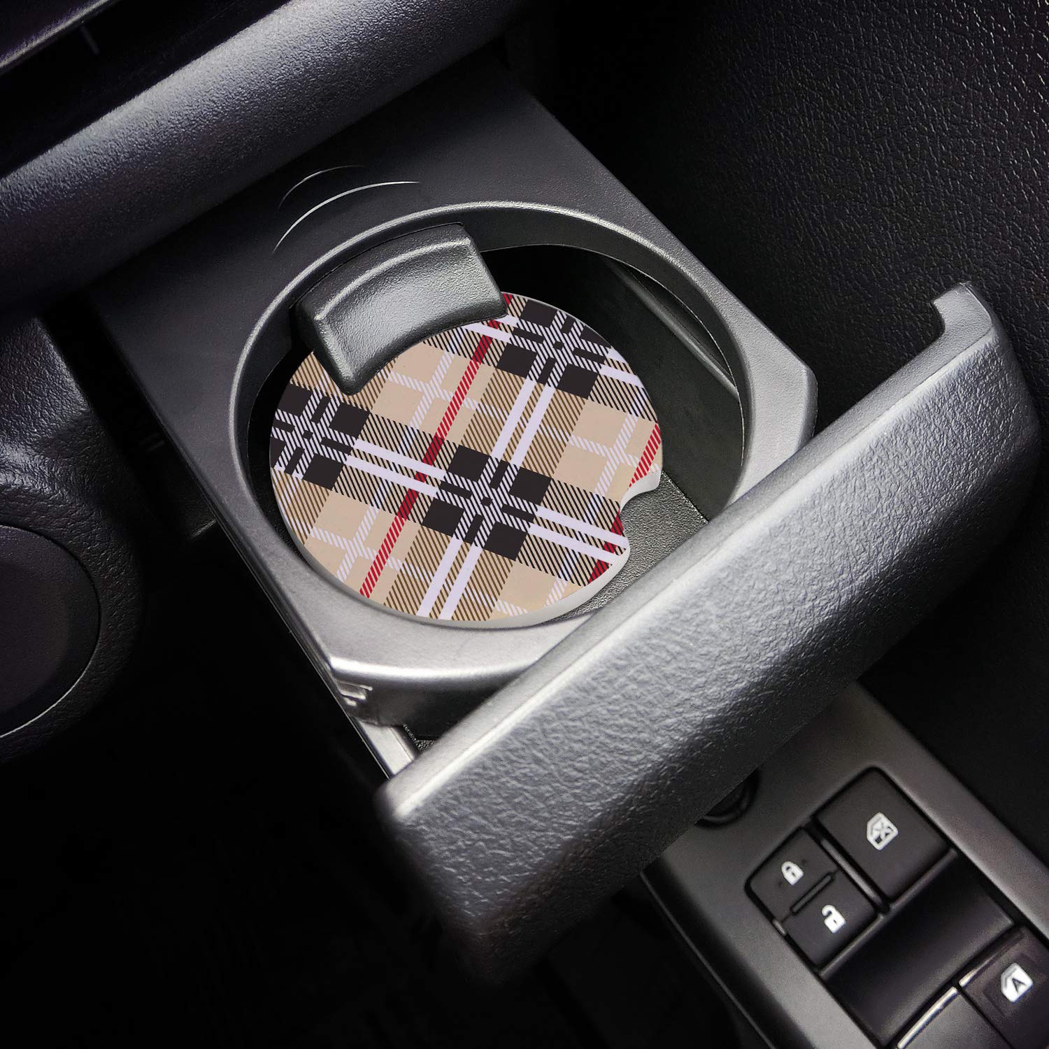 Premium Car Drink Coasters Set of 2 - Geometric Line Stripe Plaid Design, Absorbent Ceramic Stone with Finger Notch for Easy Removal (Beige, Red, Black) - Perfect for Cars, Trucks, SUVs & Road Trips