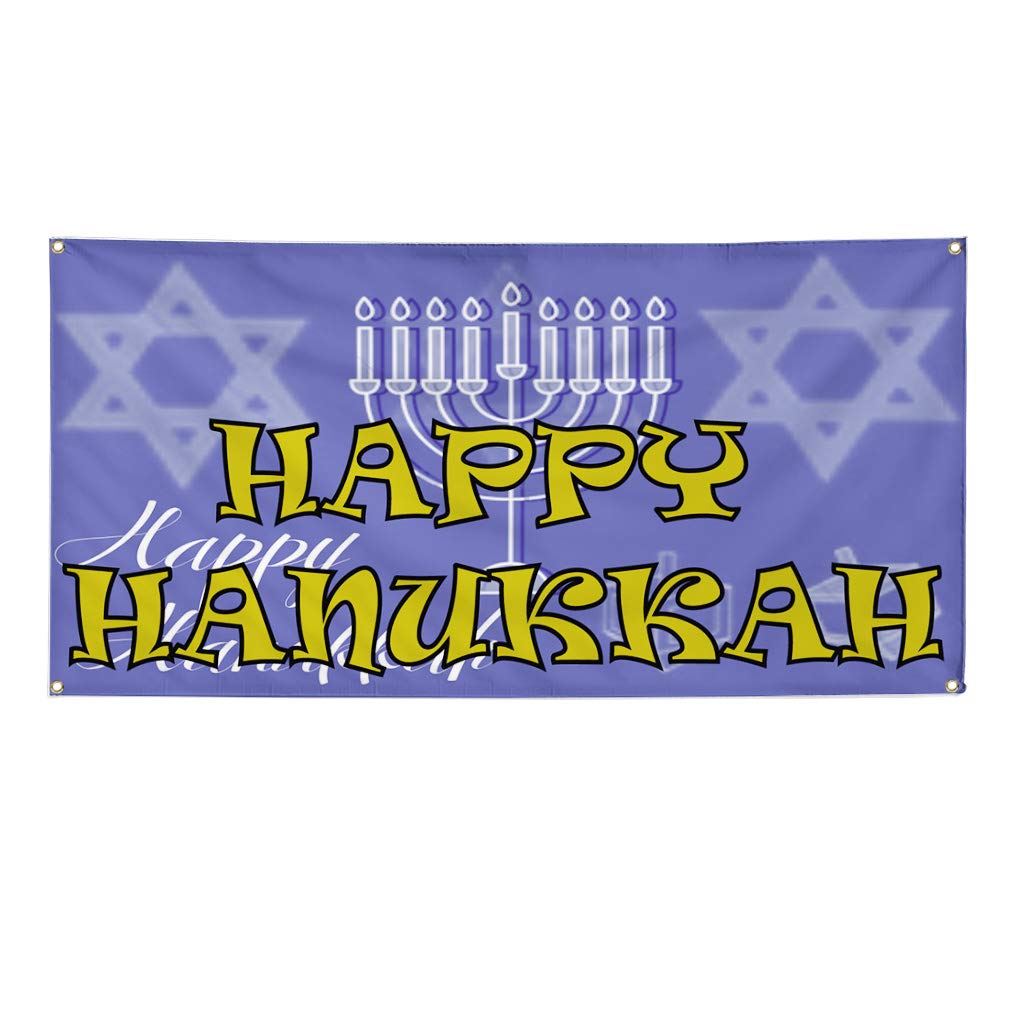 Happy Hanukkah Vinyl Banner - 48x96 Inches Weatherproof Outdoor Sign with 8 Grommets (Multiple Sizes Available) - Perfect for Holiday Decorations, Yard Signs, Store Advertising & Party Backdrops