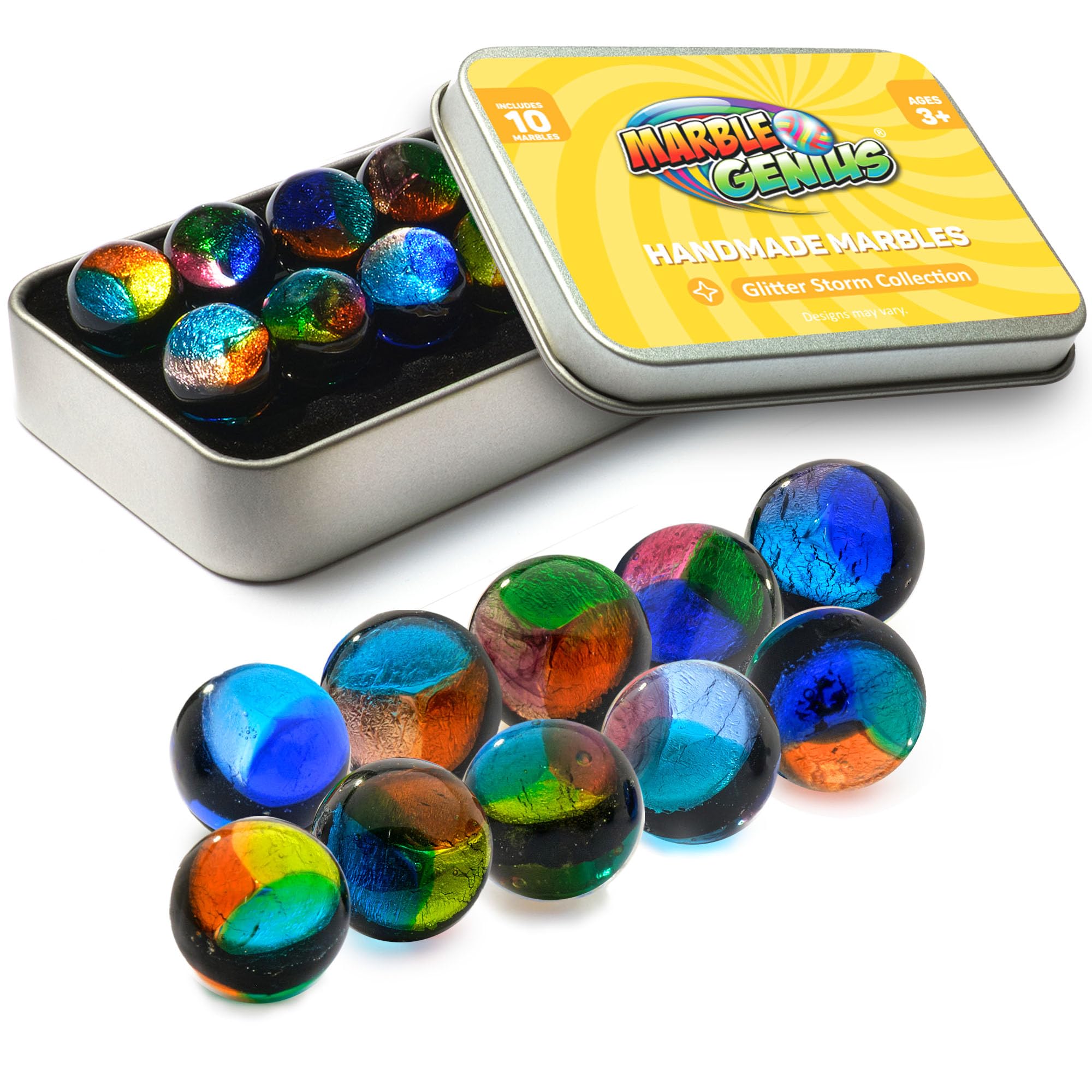 Marble Genius Premium Handmade Glass Marbles Set - 10 Glittery 16mm (5/8 Inch) Collector Marbles for Kids & Adults | Perfect for Marble Games, Collections & Unique Gifts (Ages 3+)