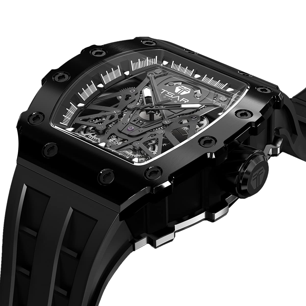 TSAR BOMBA Men's Luxury Automatic Skeleton Watch - Silver Tonneau Square Big Face with Silicone Strap, 50M Waterproof Analog Watch for Business & Casual Wear - Perfect for Office, Date Night & Special Occasions