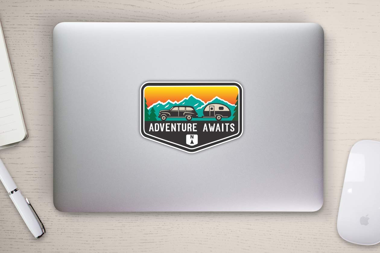 Adventure Awaits Vinyl Decal Sticker for Cars, Trucks, RV, Camper, Laptop - Waterproof & Durable - Perfect for Road Trips, Camping & Outdoor Adventures