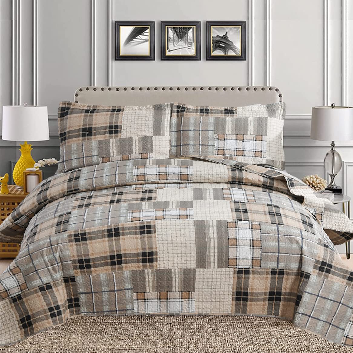 3 Pcs Plaid King Quilt Bedding Set - Lightweight Breathable Gingham Patchwork Coverlet with 2 Pillow Shams, Brown & Gray Checkered Bedspread for Summer | Perfect for Guest Rooms, Master Bedrooms & Cozy Home Decor