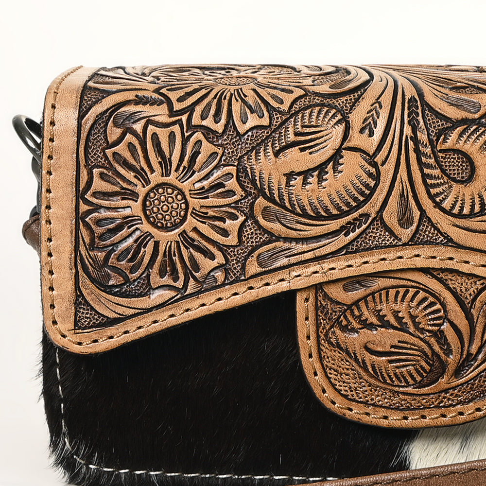 ADBG681A Genuine Leather Women's Western Handbag - American Darling Hand-Tooled Hair-On Cowhide Purse for Country Rodeo & Everyday Use