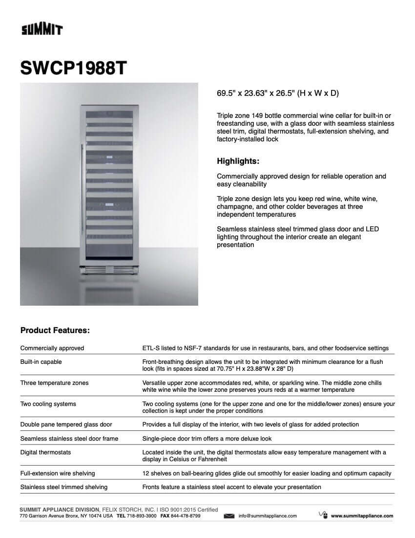 SUMMIT 24-Inch 149 Bottle Triple Zone Wine Cooler Refrigerator (SWCP1988T) - Perfect for Home Bars, Restaurants, and Wine Collectors