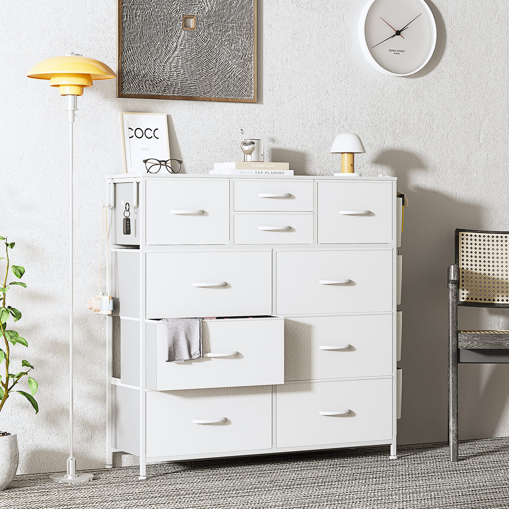 White 10-Drawer Dresser with Side Pockets & Hooks - Bedroom Storage Organizer for Kids Room & Hallway