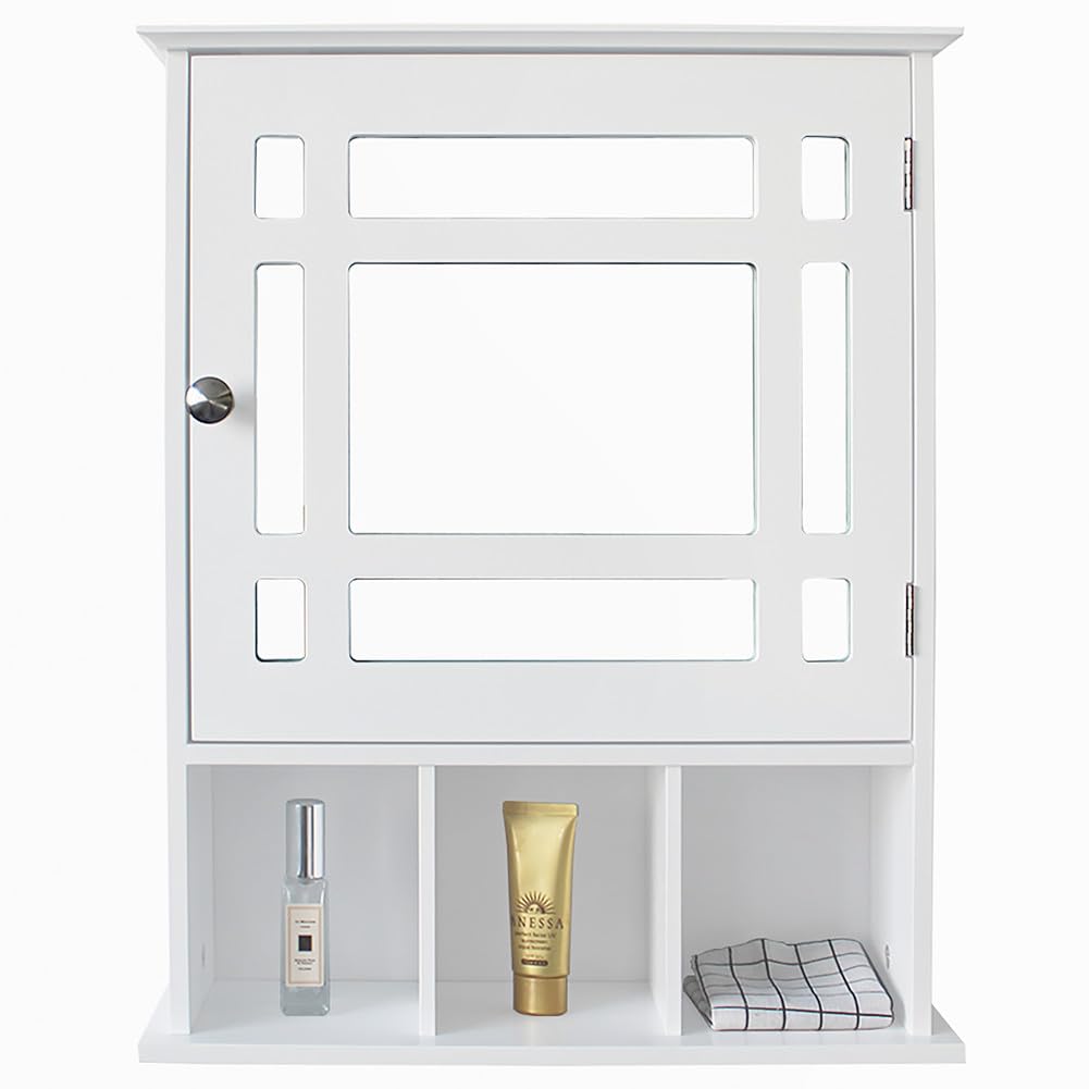 White Wooden Wall Mounted Mirrored Bathroom Cabinet with Doors & Shelves - Medicine Storage, Over The Toilet Organizer, Kitchen Cupboard for Bathroom & Home Decor