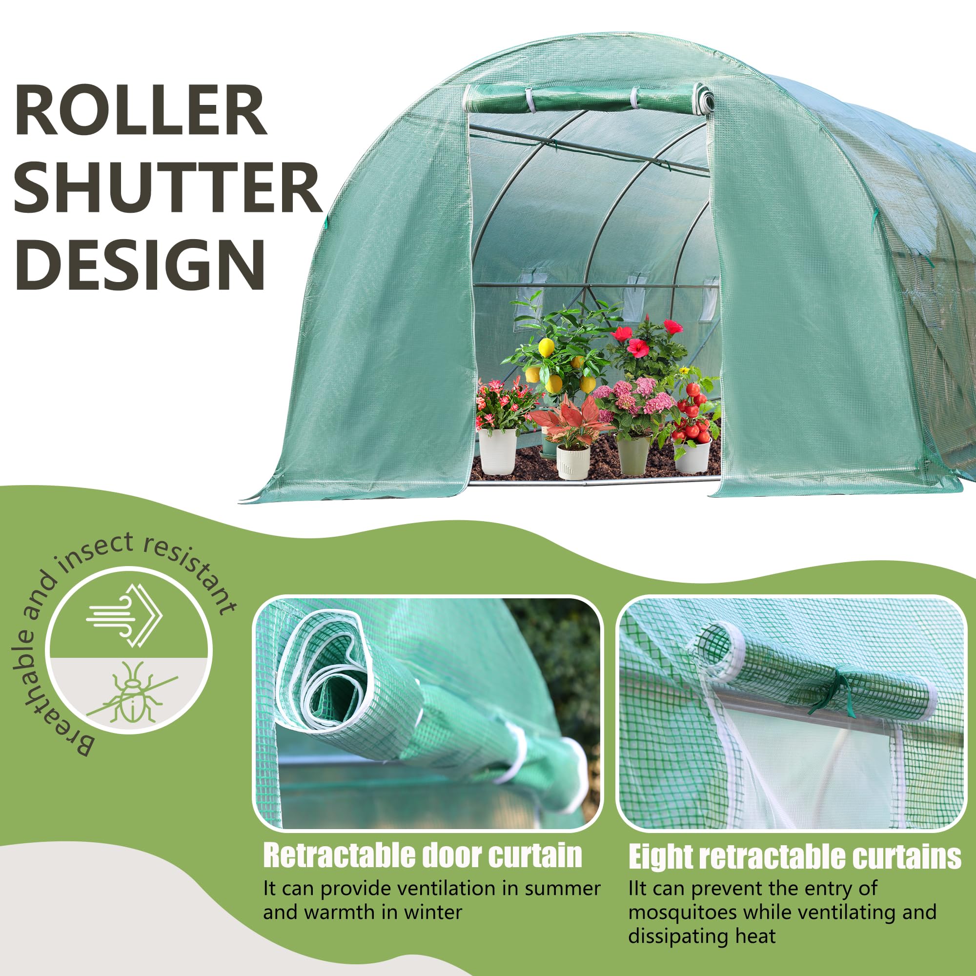 20x10x7FT Heavy-Duty Greenhouse Tunnel with Sturdy Metal Frame & PE Cover - Walk-In Design, Roll-Up Zipper Door & Ventilated Windows for Outdoor Gardening, Plant Growing & Backyard Shelter (Green) - Perfect for Home Gardeners, Urban Farming & Year-Round Plant Protection