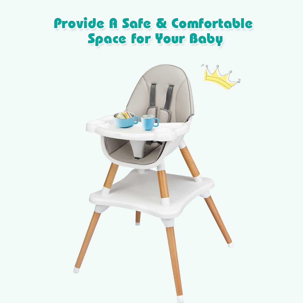 INFANS 5-in-1 Convertible Baby High Chair with 5-Point Safety Harness, Detachable Tray & Wipeable Cushion - Wooden Dining Chair, Booster Seat, Table & Chair Set for Toddlers & Infants (Grey) | Perfect for Feeding, Playtime & Learning Activities at Home