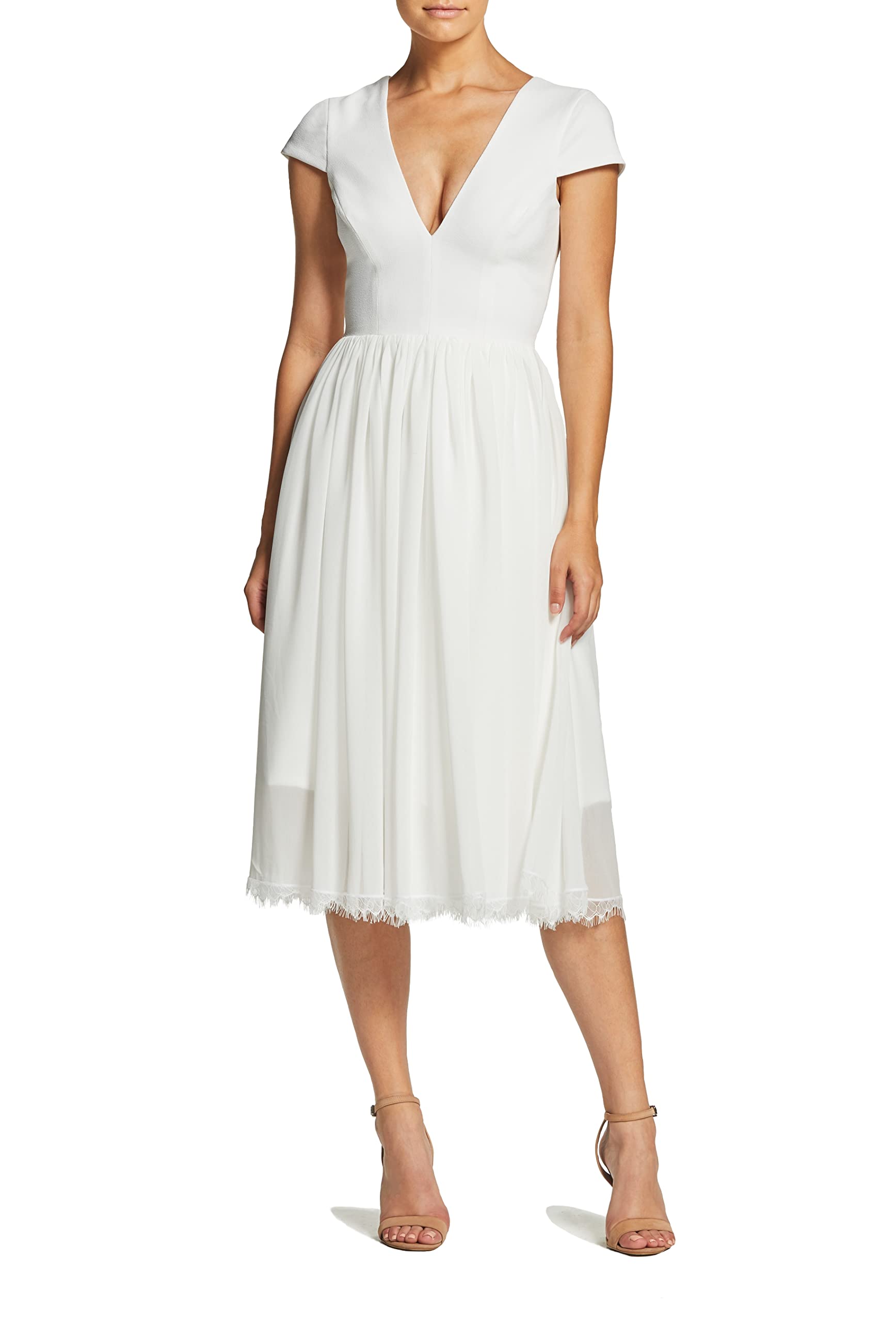 Dress the Population Women's Corey Plunging V-Neck Mixed Media Cap Sleeve A-Line Midi Dress - Perfect for Cocktail Parties, Date Nights & Special Occasions