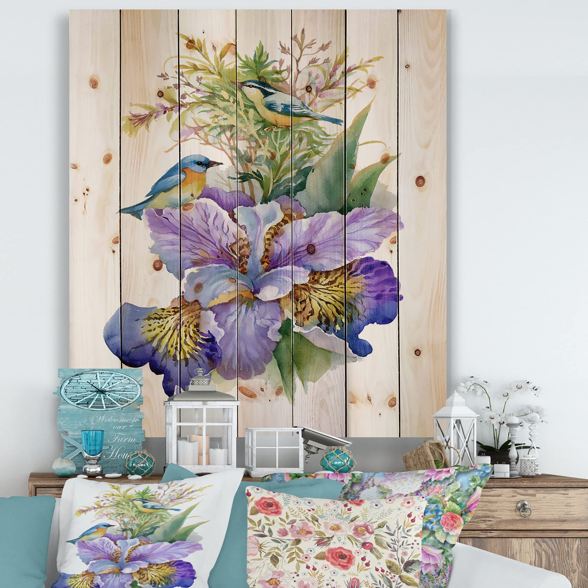 DesignQ Purple Iris with Birds Traditional Wood Wall Decor - Large Floral Wood Wall Art Panel Printed on Natural Pine - Perfect for Living Room, Bedroom & Office Decor