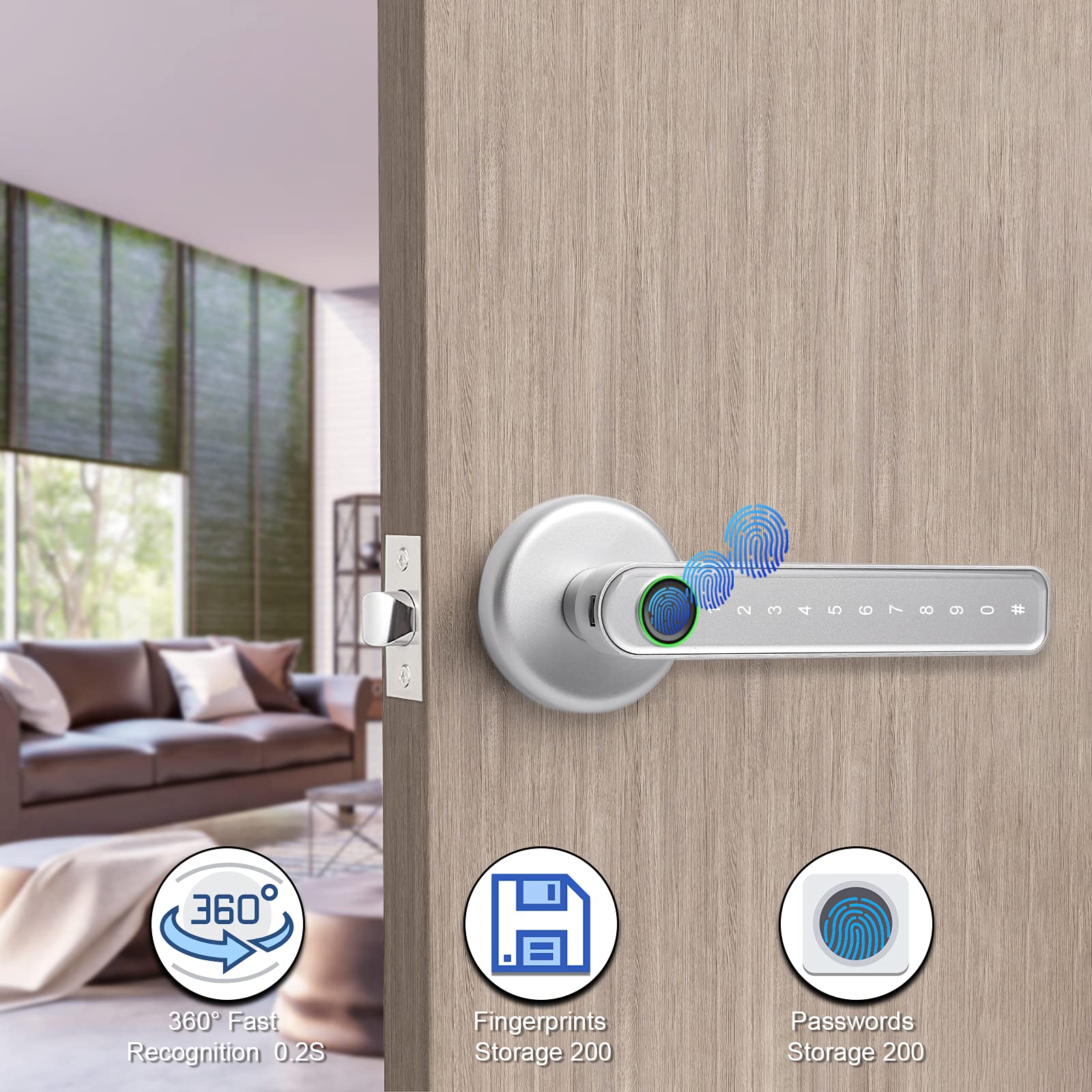 Smart Door Lock - Keyless Entry, Fingerprint & Bluetooth/WiFi App Control, Secure Digital Door Lock with Keypad & Handle for Front Door, Apartment, Office - Silver | Perfect for Home Security & Smart Access Control
