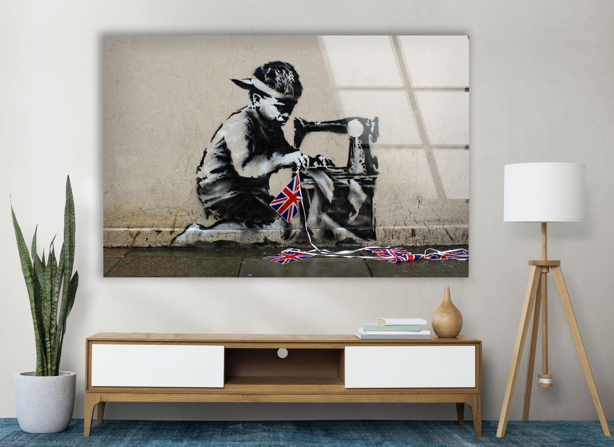Banksy UK Flag Glass Wall Art - Modern British Street Art Decor for Living Room, Office & Gifts