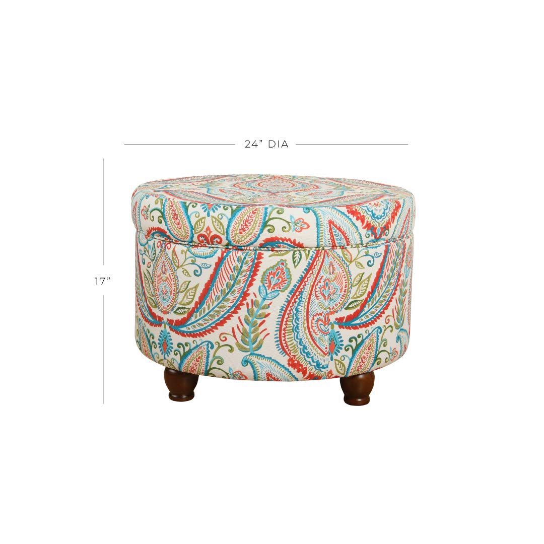 Homepop Upholstered Round Storage Ottoman – Large Paisley Design for Living Room & Bedroom | Versatile Footrest, Seating & Hidden Storage | Perfect for Small Spaces & Home Organization