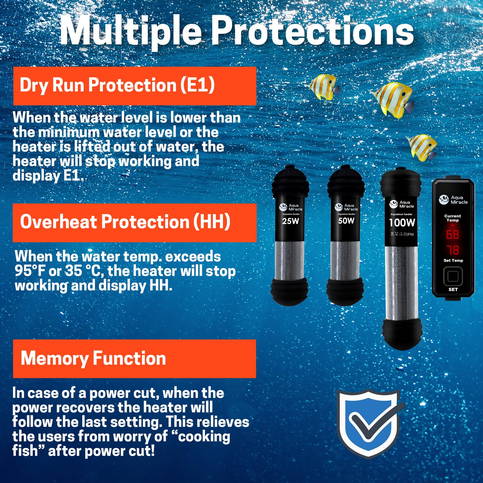AquaMiracle Upgraded 50W Small Aquarium Heater with Dry-Run Protection & Memory Function - Dual LED Display Fish Tank Heater for 5-10 Gallon Tanks - Perfect for Freshwater/Saltwater Aquariums, Turtle Tanks & Betta Fish Habitats