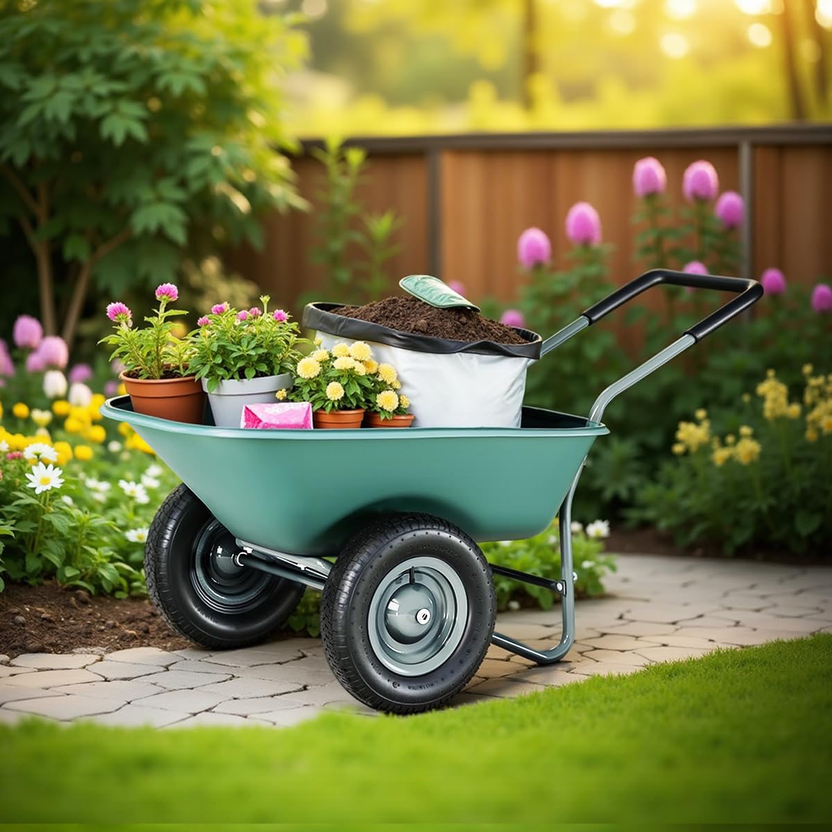 Upgraded 2-Wheel Wheelbarrow & Yard Cart with Padded Handlebar - 14