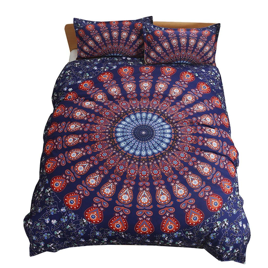 Boho Bohemian Bedding Set Full Size - Peacock Feather Mandala Duvet Cover, Quilt & Bedspread (3 Piece) for Hippie & Eclectic Home Decor - Perfect for Bedroom, Guest Room & Dorm