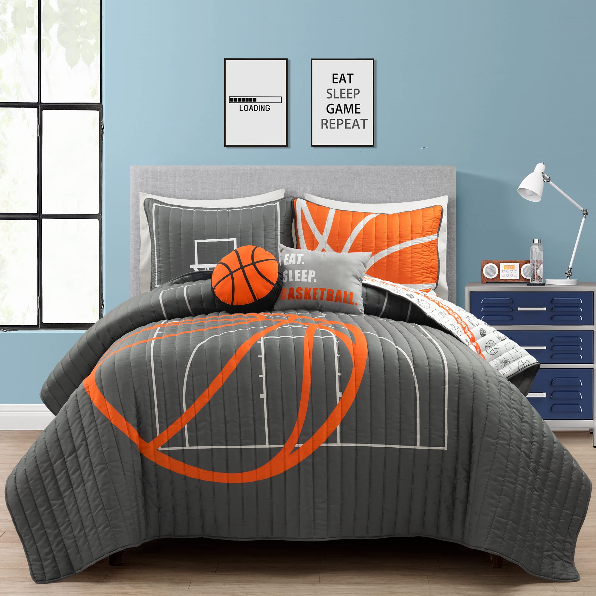 Lush Decor Reversible Basketball Game Oversized 5-Piece Quilt Set - Soft & Cozy Kids Sports Themed Bedding for Boys - Full/Queen Size in Charcoal - Perfect for Game Room Decor and Youth Bedroom Makeovers