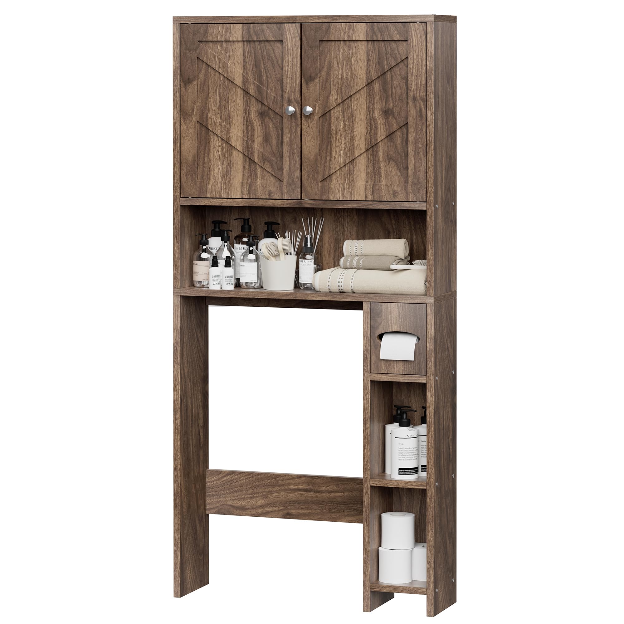 Meilocar Over The Toilet Storage Cabinet - Farmhouse Style Bathroom Organizer with Adjustable Shelf & Toilet Paper Holder | Freestanding Space Saver for Small Bathrooms | Perfect for Toiletries, Towels & Bathroom Essentials (Walnut)