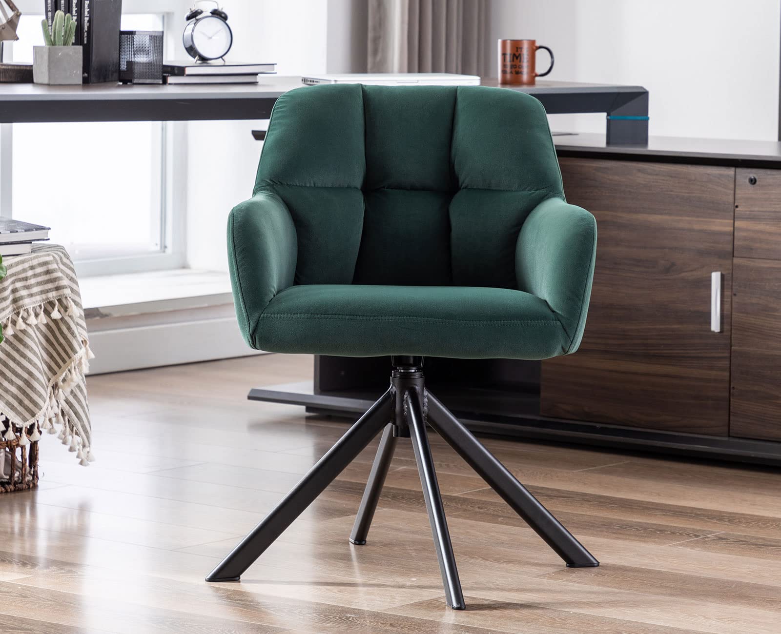 Shunzhi Velvet Swivel Accent Chair - No Wheels Mid Back Computer Desk Chair with Arms, Upholstered Reading Vanity Chair for Small Spaces - Green - Perfect for Home Office, Bedroom & Living Room Workspaces