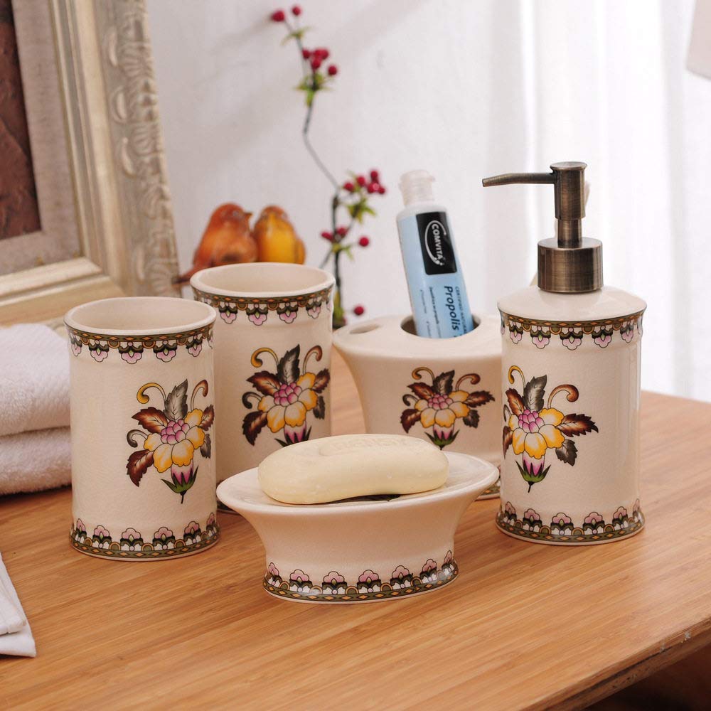 Vintage Ceramic Bathroom Accessories Set - 5 Piece Yellow Floral Soap Dispenser, 2 Tumblers, Soap Dish & Toothbrush Holder for Home, Hotel Vanity Counter | Bathroom Decor Set with Beige Finish | Perfect for Guest Bathrooms, Spa Retreats & Luxury Hotel Decor