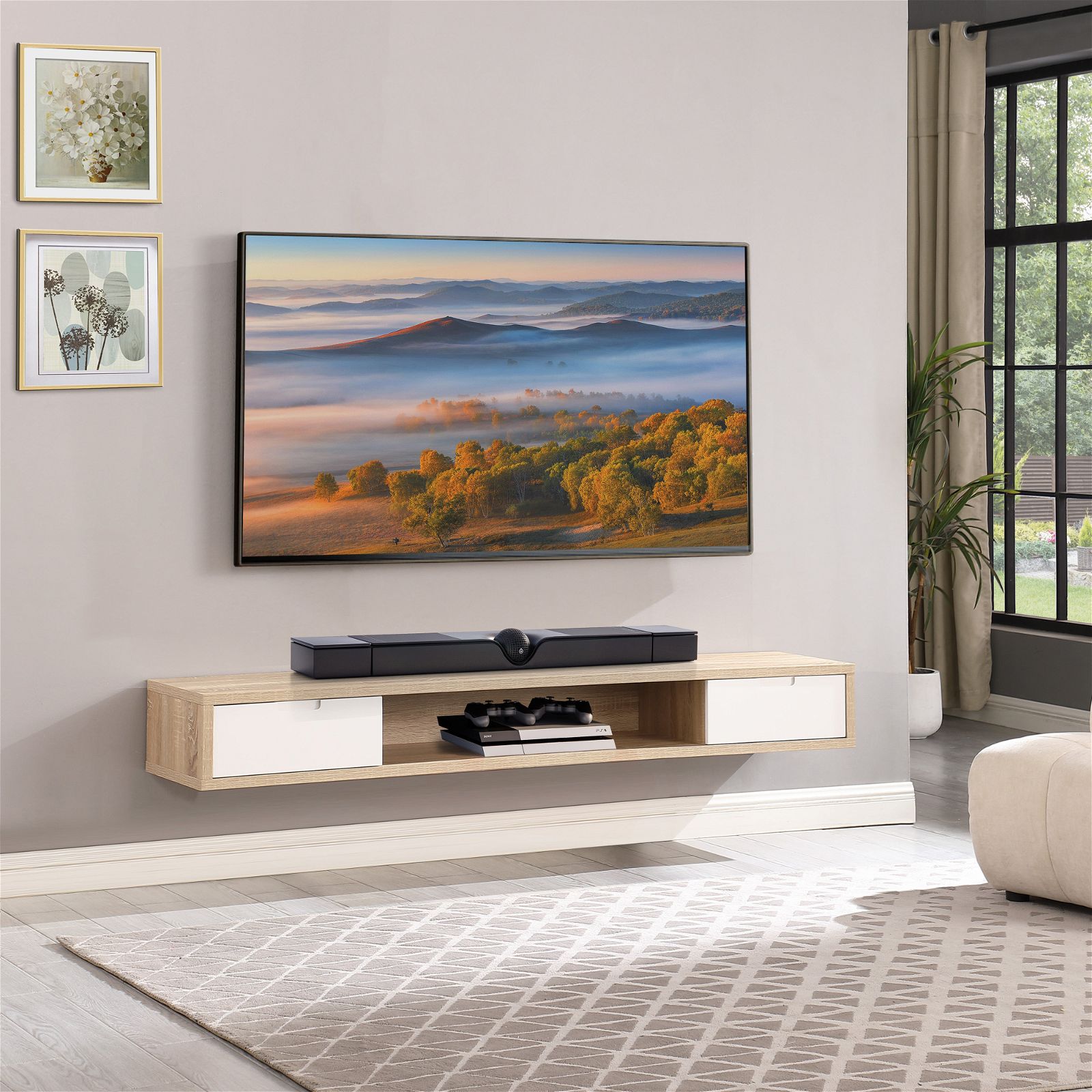 Modern Oak Wall Mount TV Stand - 2000mm Wide Entertainment Center with Storage for Living Room & Home Theater by Criterion