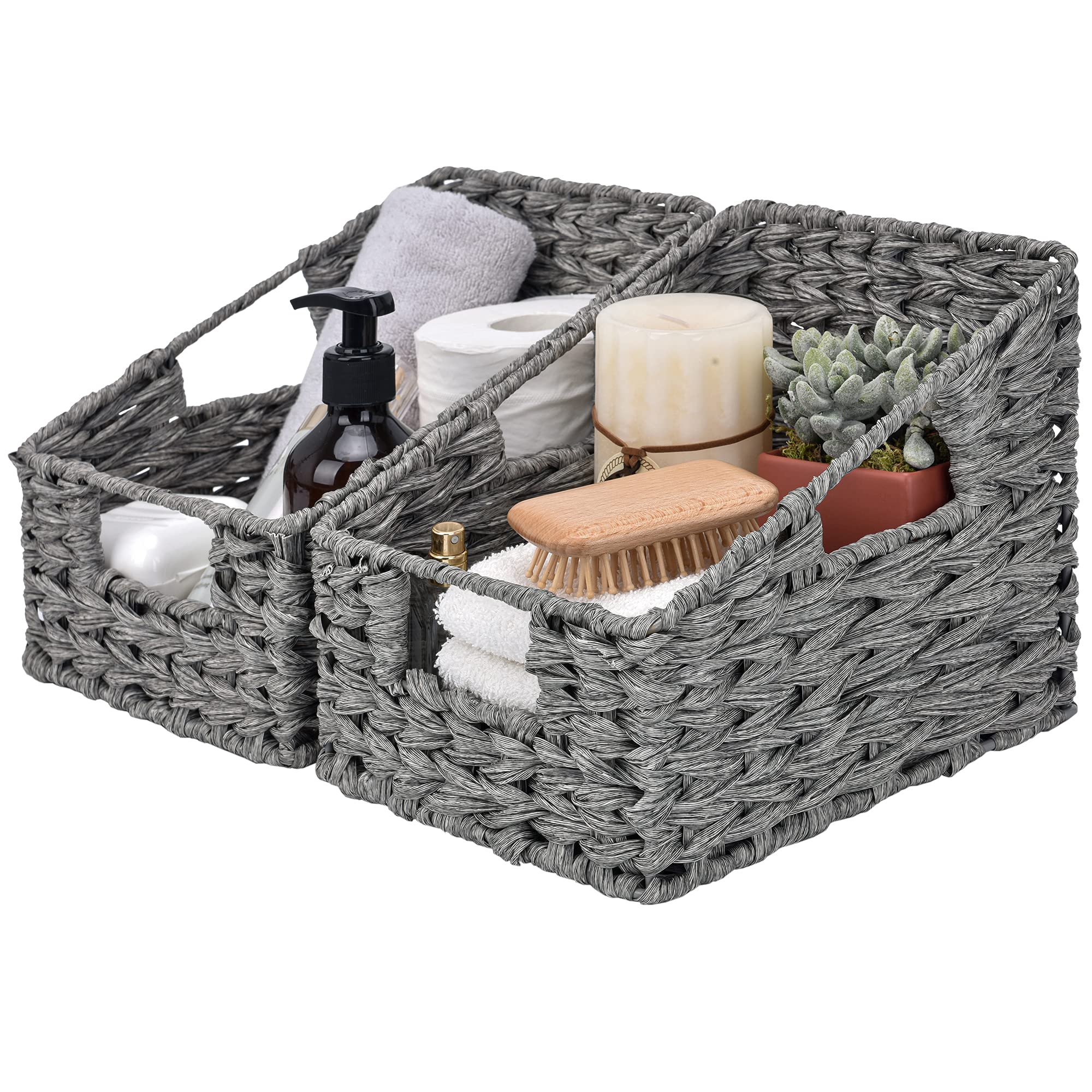 Odorless Waterproof Woven Wicker Basket with Handles - 2-Pack Ash Gray Trapezoid Storage Baskets for Organizing Books, Photos & Home Decor | Perfect for Living Room, Bedroom & Bathroom Organization