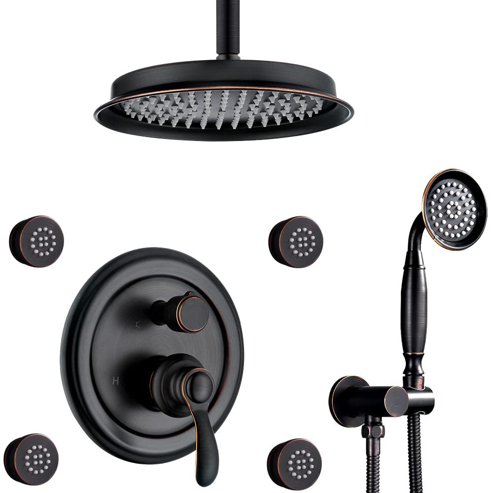 Antique Oil Rubbed Bronze Shower Faucet Set - 9 Inch Ceiling Rain Shower Head with Handheld Spray & Body Jets, 3-Way Diverter Valve System & Trim Kit - Perfect for Vintage Bathroom Renovations & Luxury Spa Experience
