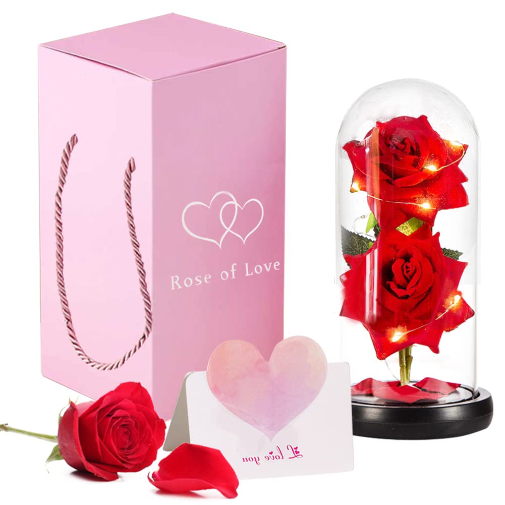 Enchanted Preserved Rose in Glass Dome with LED Light - Beauty and The Beast Inspired Red Silk Rose, Galaxy Artificial Flower - Unique Mother's Day Gift for Mom, Women from Daughter or Son - Perfect for Home Decor, Wedding Centerpiece, Romantic Anniversary Gift