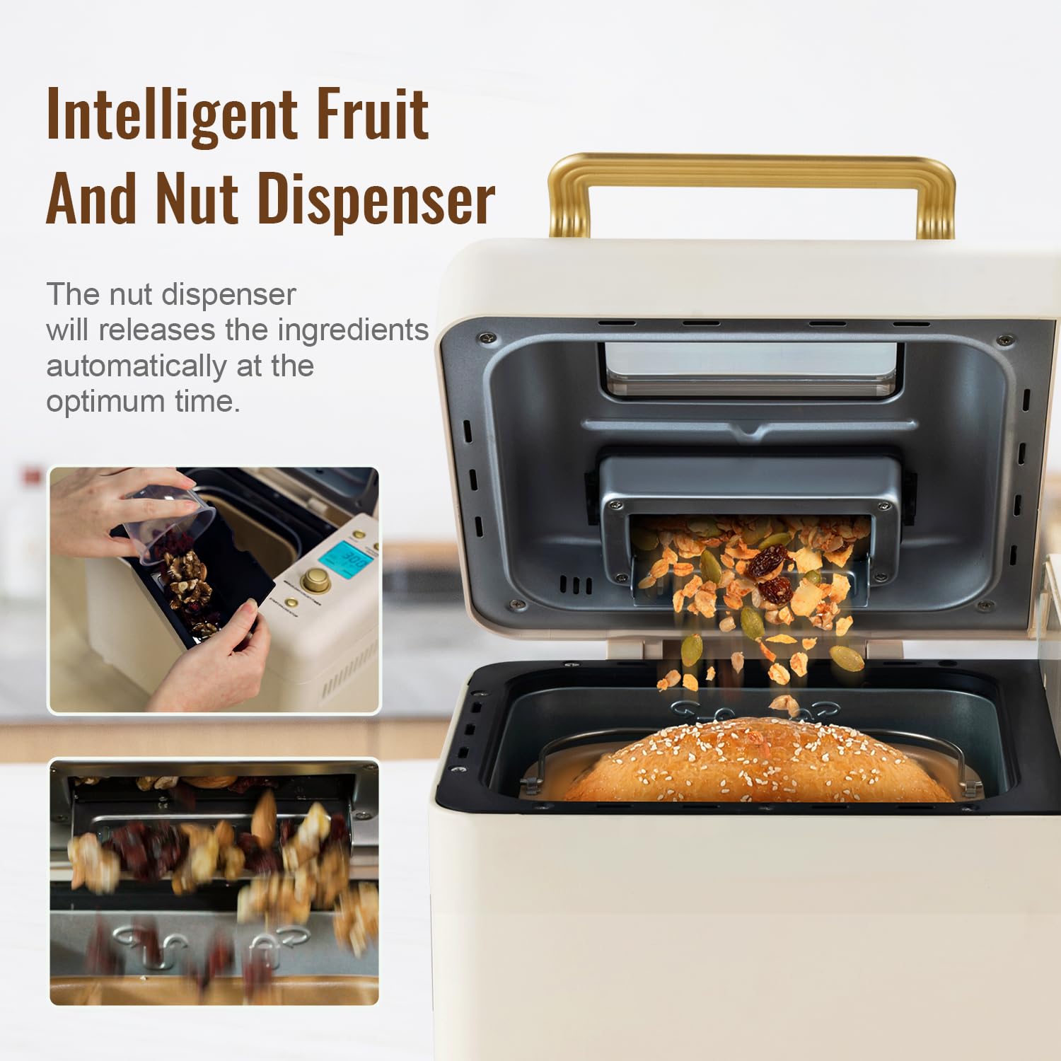Neretva 2.2LB 15-in-1 Bread Maker Machine with Dual Heater, Auto Nut Dispenser & Nonstick Ceramic Pan - Perfect for Gluten Free Bread, Dough, Sourdough, Yogurt Making | Ideal for Home Baking, Family Breakfast & Healthy Cooking