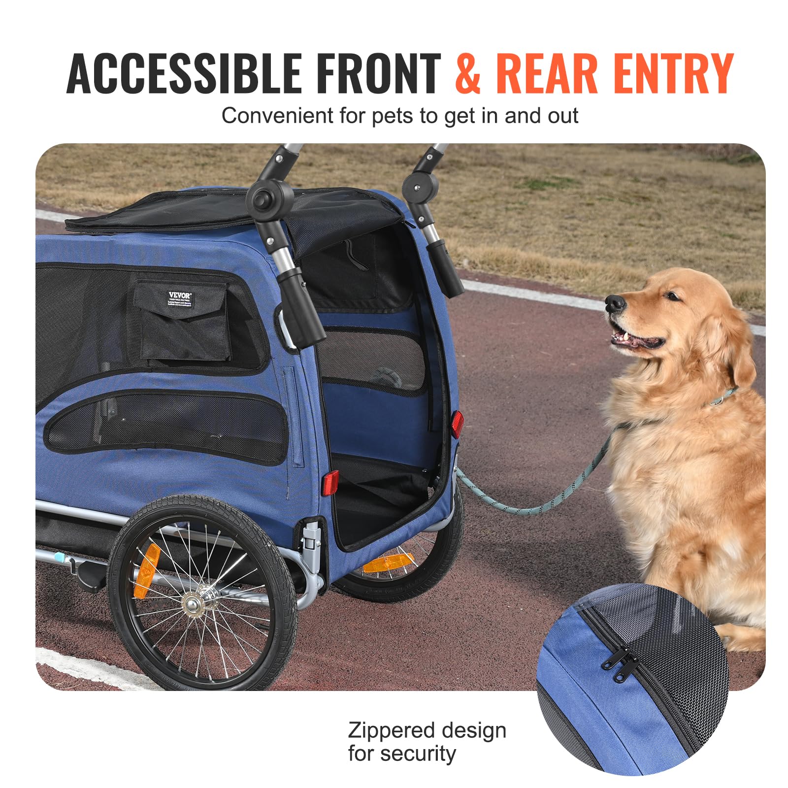 VEVOR 2-in-1 Dog Bike Trailer & Pet Stroller - 100 lbs Capacity, Foldable Bicycle Carrier with Quick Release Wheels, Universal Coupler, Safety Reflectors & Flag (Blue/Black) - Perfect for Cycling Adventures & Daily Walks with Your Pet