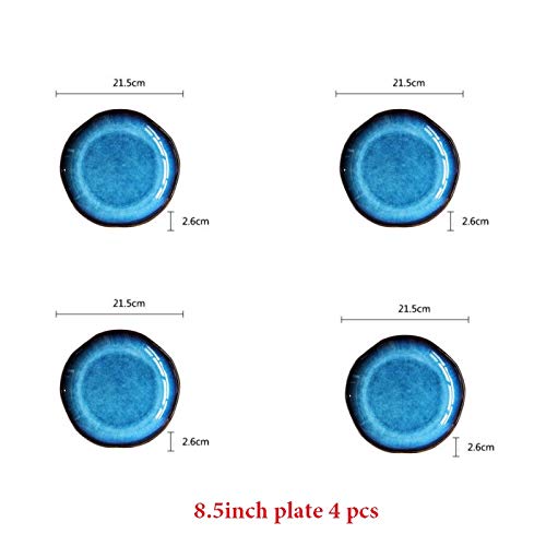 Vintage Blue Ceramic Dinner Plates - Set of 4 Irregular Shaped Deep Plates for Soup, Pasta & Salad | Rustic Tableware for Home Dining & Entertaining