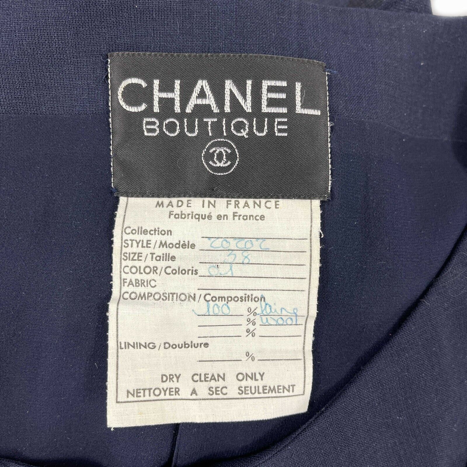 Chanel Women's Navy & Gold Wool Suit Set with CC Buttons - Jacket & Skirt Outfit (Size US 6/36) for Business, Office & Formal Events