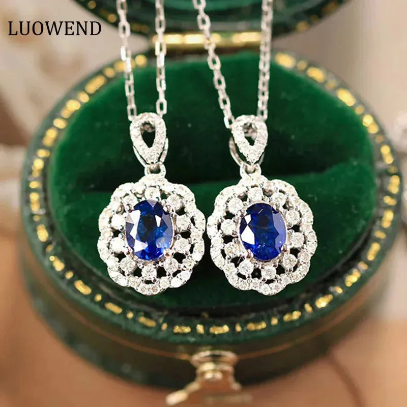 18K White Gold Pendant for Women with Natural Blue Sapphire & Shiny Diamonds - Romantic Embroidery Ball Design Wedding Jewelry Gift for Brides, Anniversaries & Special Occasions