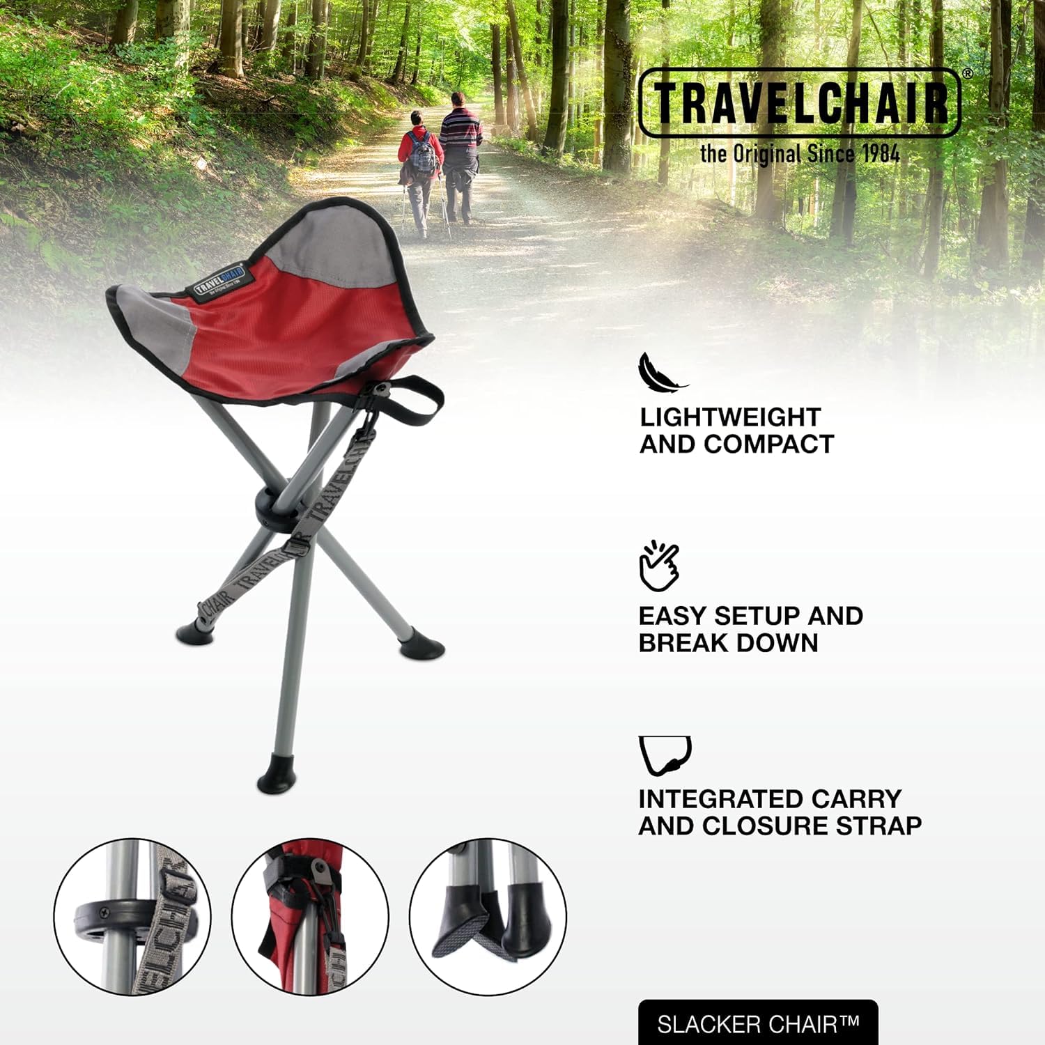 **Lightweight Slacker Tripod Camping Chair with Adjustable Carry Strap – Oversized Duck Feet for Stability – Perfect for Hiking, Fishing, Beach & Outdoor Adventures (Red)**