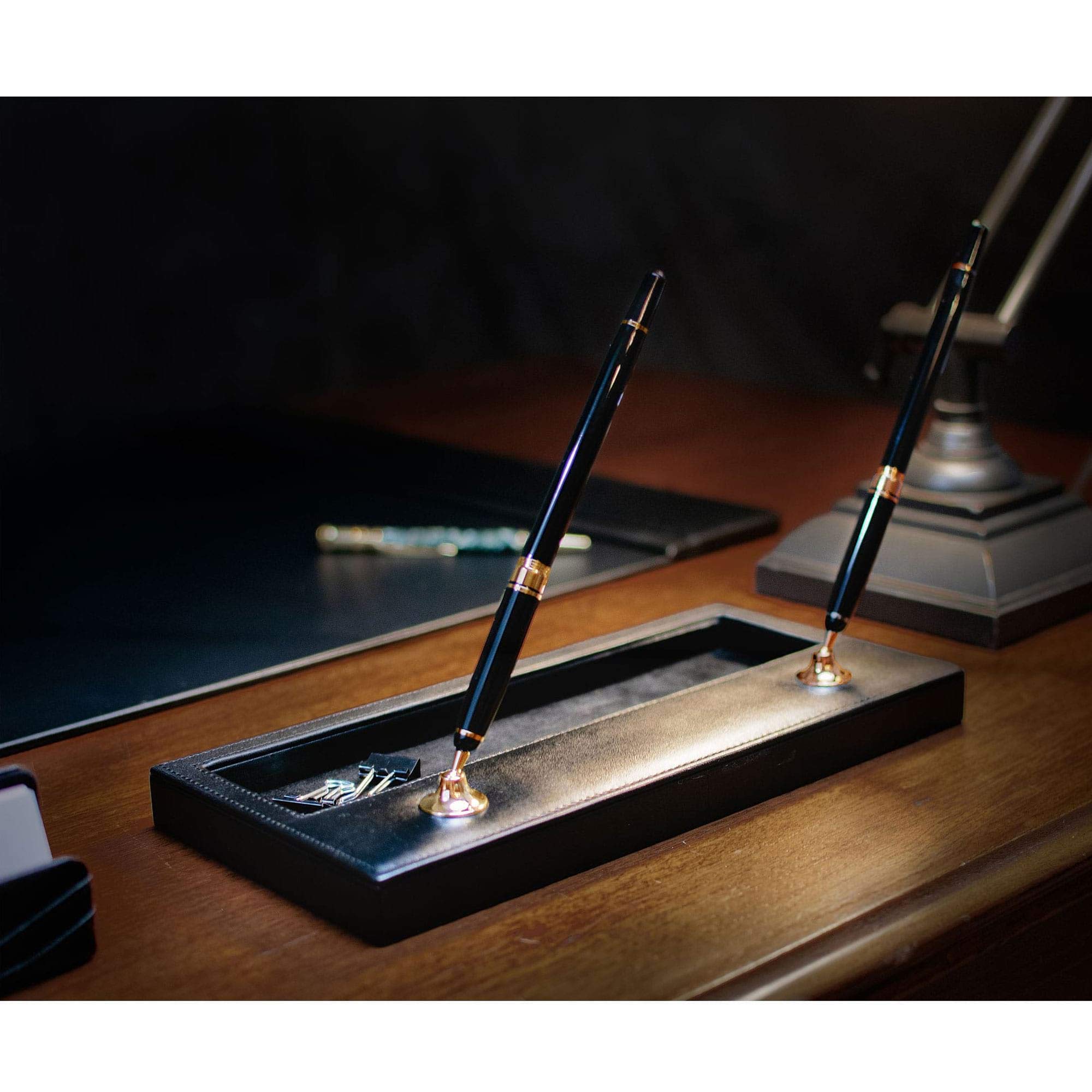 Premium Black Leather Pen Holder with Double Gold Accents - Elegant Desk Organizer for Office, Home & Gift Giving