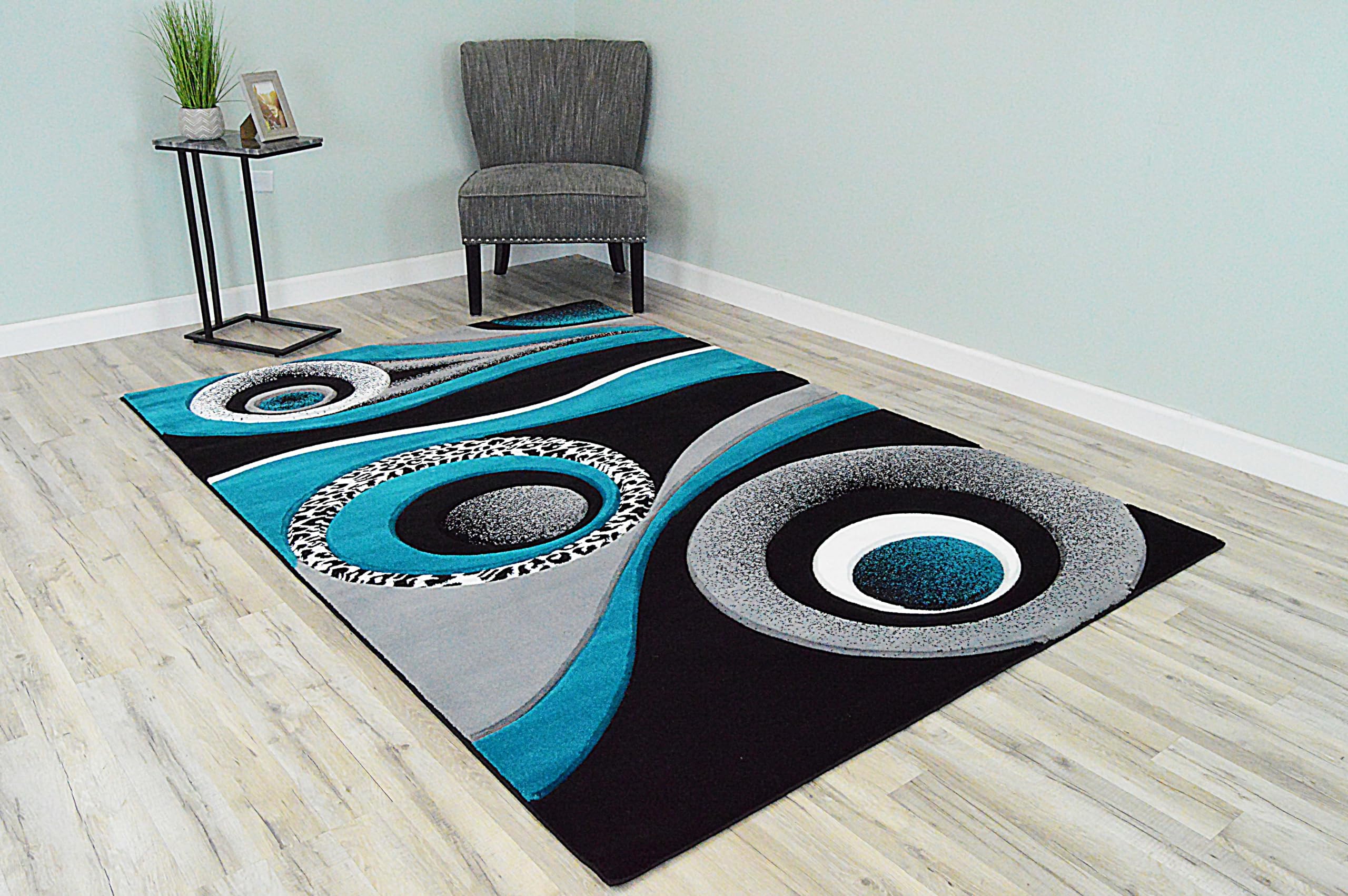 Abstract Modern Area Rug 8x10 ft - Contemporary Large Premium Thick Carpet in Turquoise (1504) - Perfect for Living Room, Bedroom & Home Decor