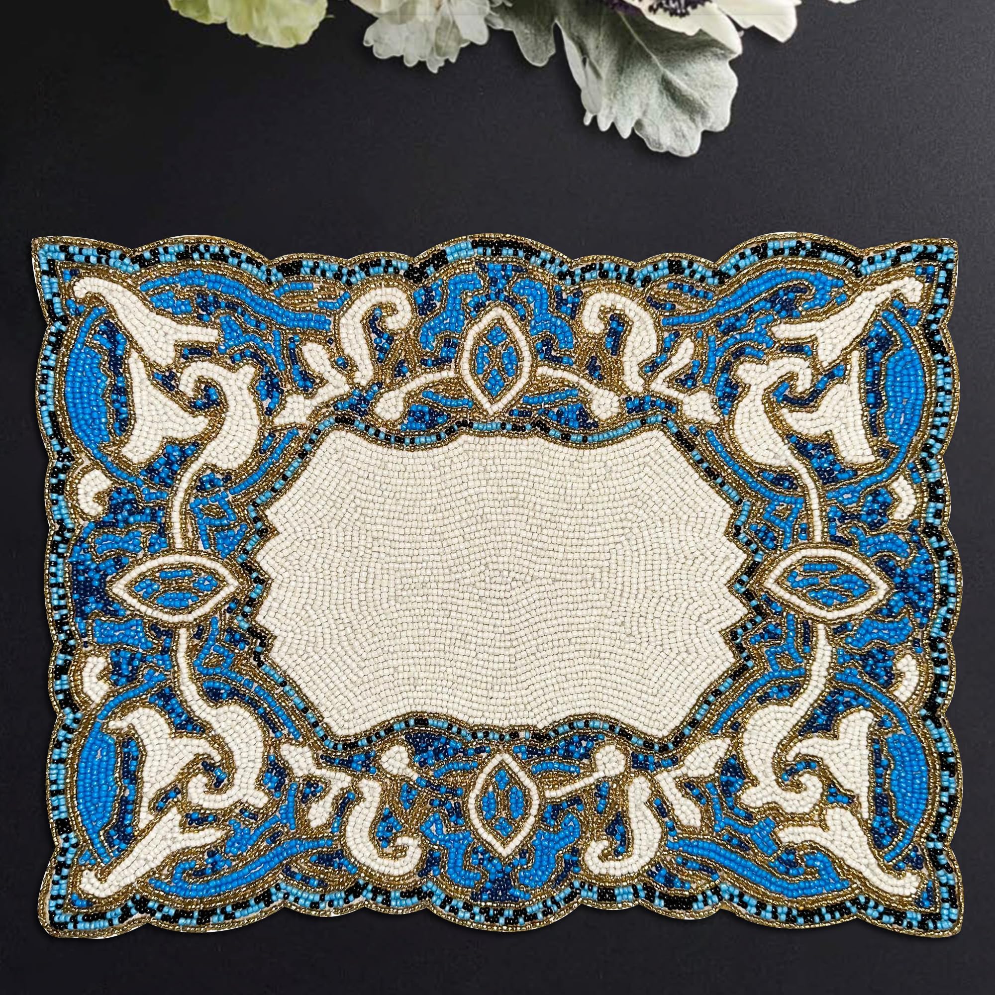 Decozen Beaded Placemats Set of 2 - 12x16 Inch Heat Resistant Charger Plates for Dining Table Decor - Elegant Blue & White Design for Wedding, Mother's Day, Kitchen, Office & Home Decor | Perfect for Holiday Dinners, Parties & Everyday Use