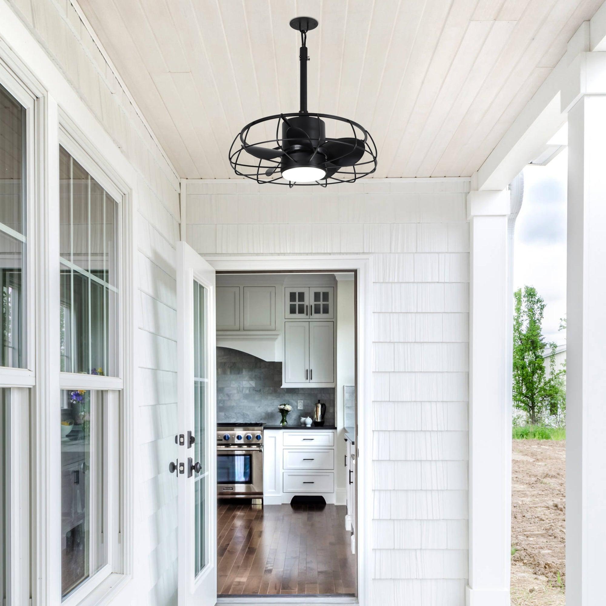20 Inch Vistula Outdoor Ceiling Fan with Light - Black Industrial Style, DC Motor, Hanging Buckle Downrod - Perfect for Patio, Deck, and Covered Porch Cooling