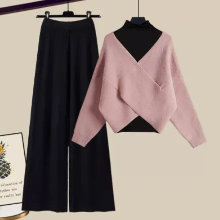 Women's Fall Winter Warm Knit Three Piece Set - Elegant V Neck Sweater, Basic Top & Wide Leg Knitted Pants Outfit for Office Ladies | Cozy Workwear & Casual Winter Fashion