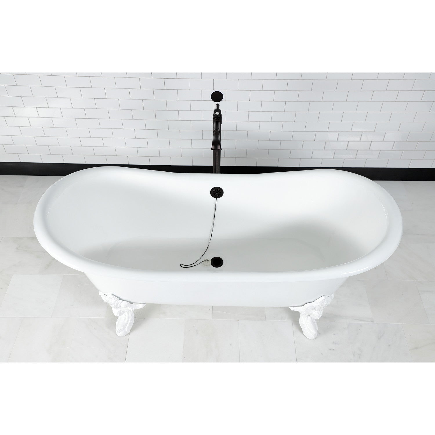 72 Inch White Cast Iron Clawfoot Bathtub - Oval Double Slipper Design (No Faucet Drillings) | Vintage Freestanding Soaking Tub for Luxury Bathroom & Spa Retreat