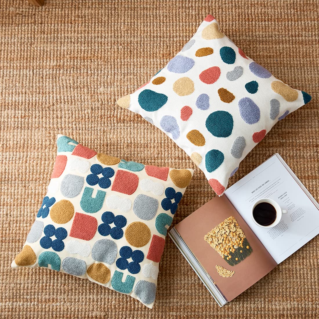 Boho Geometric Tufted Throw Pillow Cover 18x18 Inch - Farmhouse Cotton Embroidery Decorative Cushion Case for Sofa, Couch & Bed - Perfect for Living Room, Bedroom & Home Decor Accent