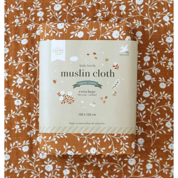 A Little Lovely Company Extra Large Muslin Swaddle Blanket - Soft Blossom Caramel Print for Baby Shower, Newborn Photography & Nursery Decor