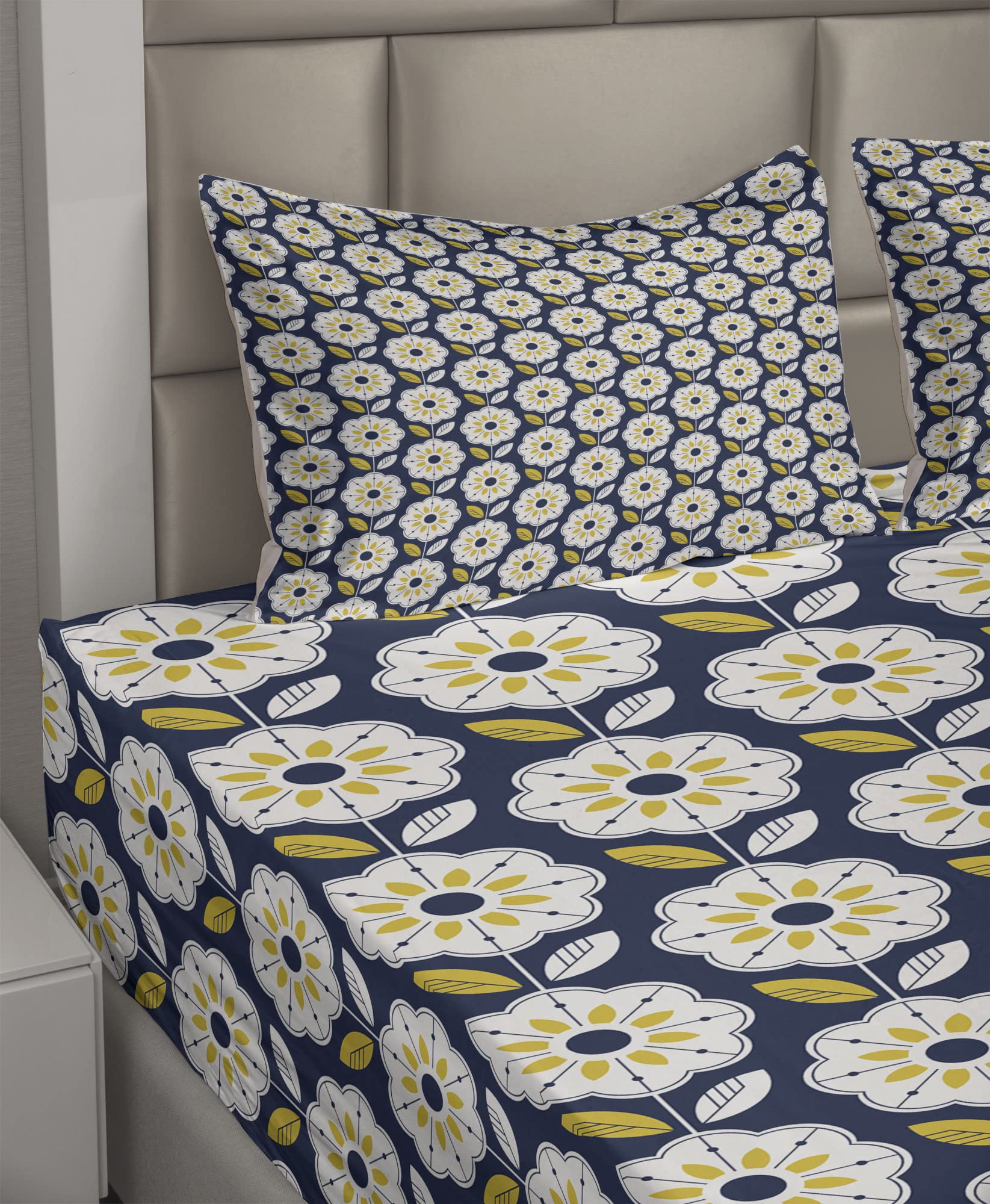 Ambesonne Floral King Sheet Set - Scandinavian Style 8-Petal Flower Design, 4-Piece Bedding Set with Fitted Sheet, Flat Sheet & Pillowcases in Indigo Multicolor - Perfect for Master Bedroom, Guest Room & Vacation Homes