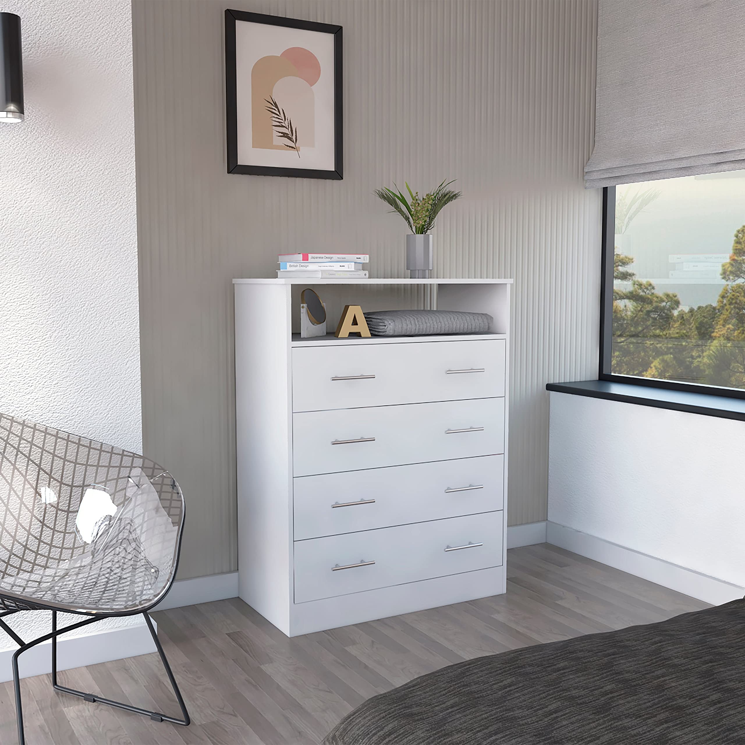 TUHOME Peru L 4-Drawer White Dresser - Engineered Wood Bedroom Storage Furniture for Home Organization & Decor