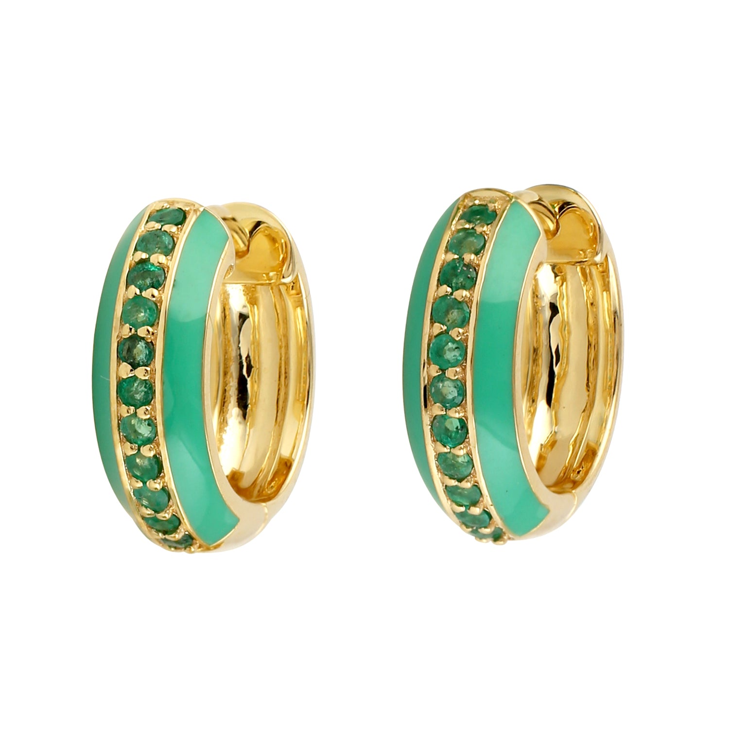 18K Yellow Gold Pave Emerald Gemstone Enamel Hoop Earrings for Women - Elegant Dangle Earrings for Party, Wedding & Special Occasions