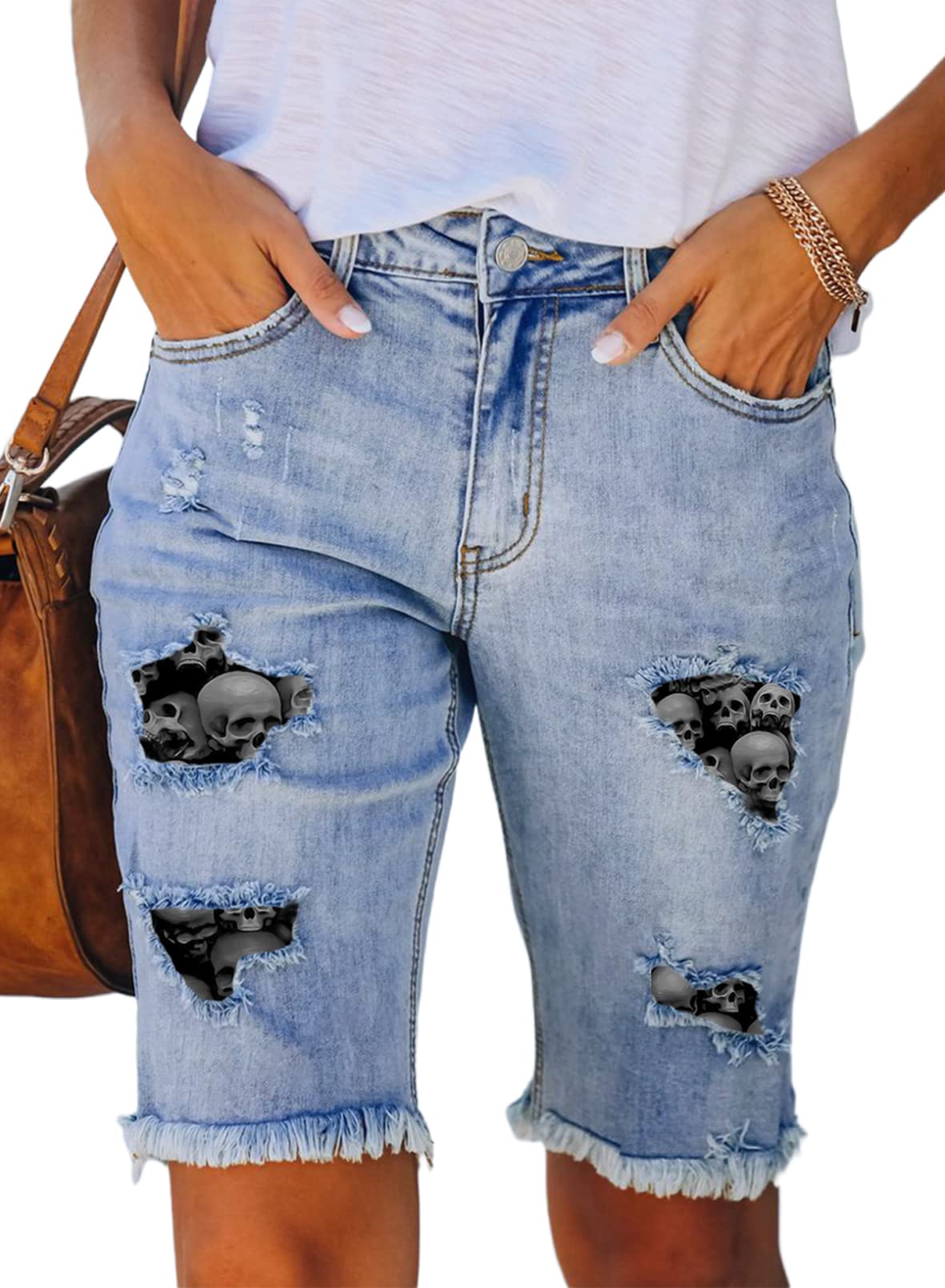 Sidefeel Women's Distressed Denim Bermuda Shorts with Raw Hem - Casual Summer Shorts for Women, Perfect for Beach, Travel & Everyday Wear