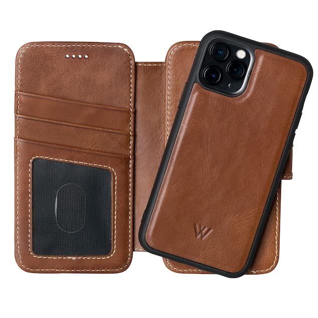 Premium Detachable Magnetic Wallet Case for iPhone 15 Plus - Genuine Leather with Metal Buttons | Magsafe & Wireless Charging Compatible | Perfect for Business Travel & Everyday Use (Brown)