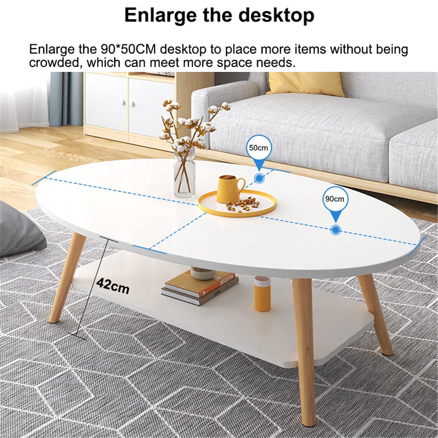 Modern Oval Coffee Table with Open Shelving - 2-Tier Wooden Sofa Table for Living Room Storage & Display | Simple Design Accent Furniture for Home Decor | Yellow Finish | Perfect for Small Spaces, Apartments & Cozy Living Areas